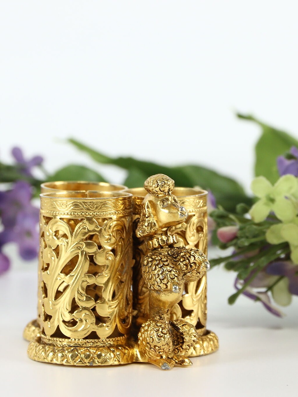 Gold Plated Filigree Poodle Vintage Lipstick Holder, Style Built NY